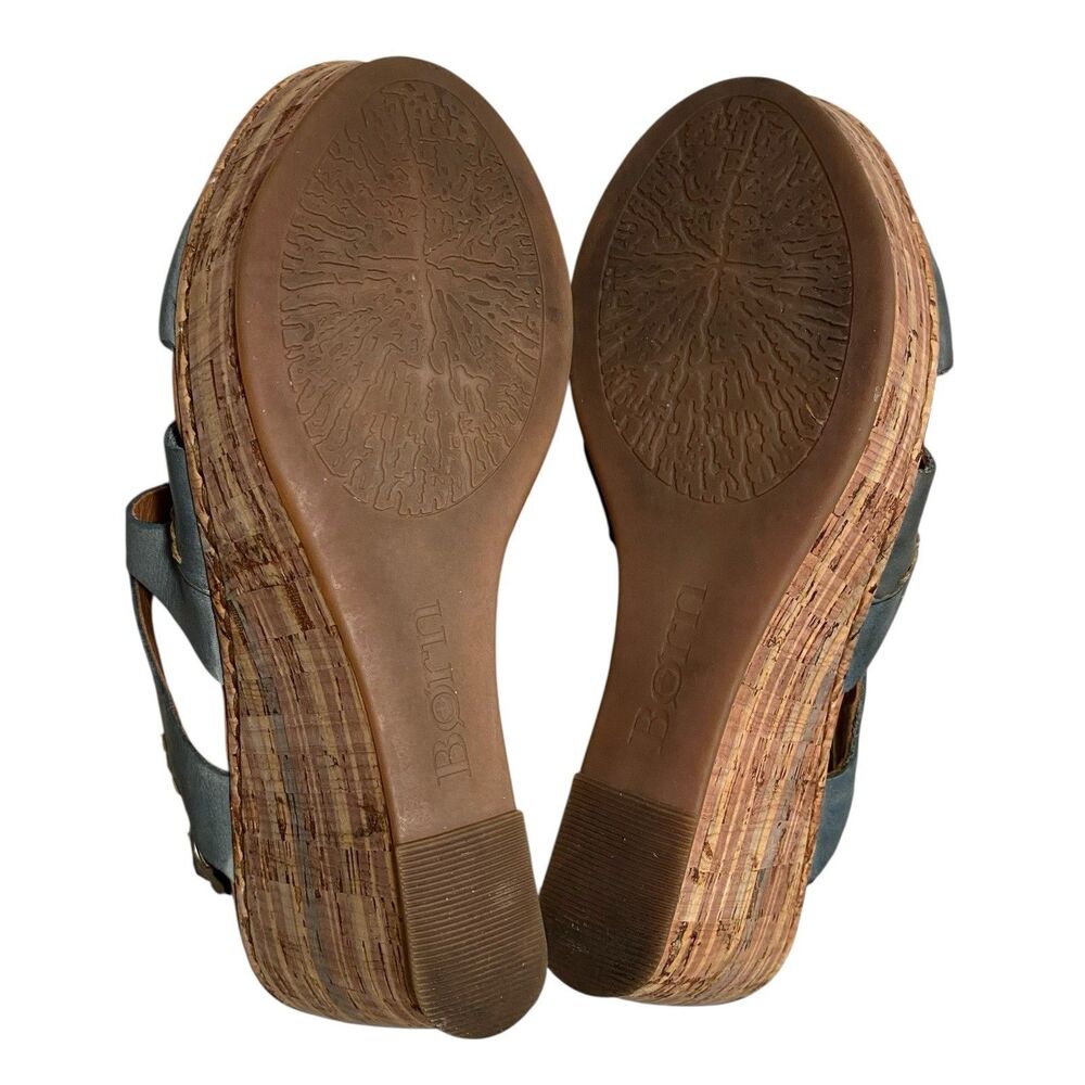Born Leather Cork Wedge Sandals Womens 9 Blue Gray Slingback Comfort Platform - Picture 6 of 9